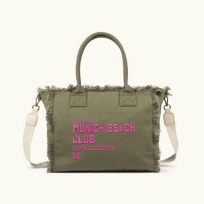 Bolso Shopper Caqui de Algodón Reciclado con Flecos y Bordado Rosa SCUBA KHAKI SHOPPER (1)