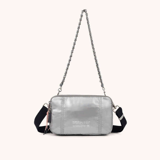Bolso Bandolera Doble Metalizado en Poliamida Reciclada DEEP RECYCLED CROSSBODY DOUBLE PLATA (1)