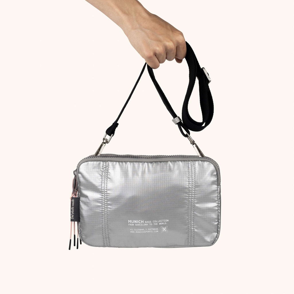Bolso Bandolera Doble Metalizado en Poliamida Reciclada DEEP RECYCLED CROSSBODY DOUBLE PLATA (6)
