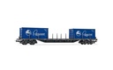 RENFE, vagón plataforma 4 ejes, decoración gris, con carga de 2 contenedores “Pegaso”, ép. IV (1)