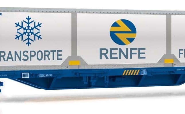 RENFE, vagón plataforma RS, decoración azul, cargada con contenedor frigorífico RENFE, ép. V (2)