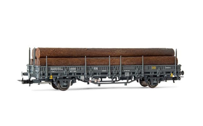 R.N./RENFE, vagón Kbs decoración marrón cargado con madera, ép III (1)