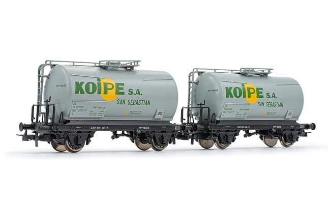 RENFE, set de 2 vagones cisternas de 2 ejes, decoración gris, "Koipe", ép. IV. Ejes para sistema AC: HC6101 (11,27 x 24,25 mm) (1)