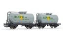 RENFE, set de 2 vagones cisternas de 2 ejes, decoración gris, "Koipe", ép. IV. Ejes para sistema AC: HC6101 (11,27 x 24,25 mm) (1)