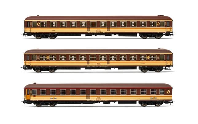 RENFE, set de 3 coches, decoración "Estrella" con bogies originales, compuesto de 2 x coches Bc11x-11600 y 1 x coche cama WL26x-7100, ép. IV. Ejes para sistema AC: HC6102 (10,50 x 24,50 mm) (1)