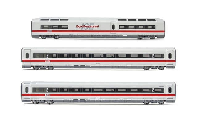 DB AG, set di 3 carrozze aggiuntive ICE 1 BR 401, livrea bianca/rossa, composto da 1 carrozza ristorante e 2 carrozze di 2a classe, Tz 157 "Landshut, ep. VI (1)