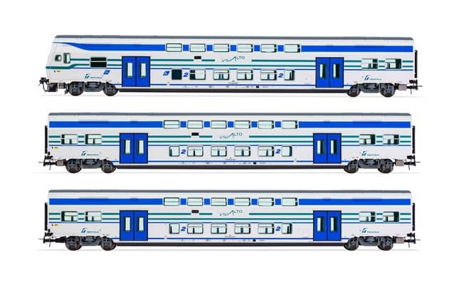FS Trenitalia, set di 3 carrozze Vivalto, livrea "Vivalto" bianca con fasce verde/blu, composto da carrozza pilota e 2 carrozze intermedie, ep. VI (1)