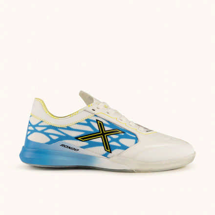 MUNICH RONDO 25 White futsal shoes with blue and yellow details with laces (2)