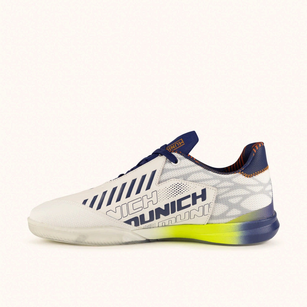 MUNICH RONDO 26 White futsal shoes with navy blue, neon yellow and orange details with laces (4)
