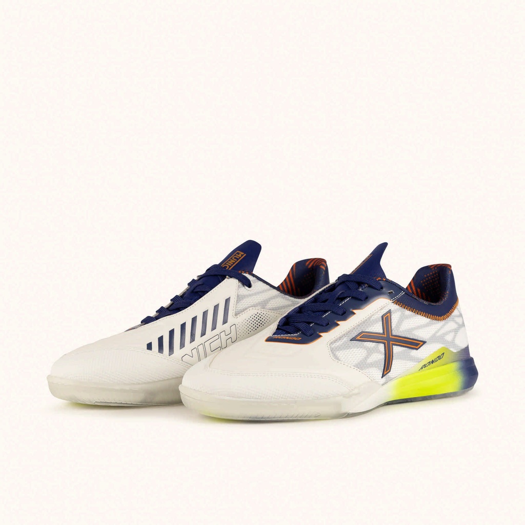 MUNICH RONDO 26 White futsal shoes with navy blue, neon yellow and orange details with laces (6)