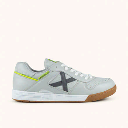 MUNICH CONTINENTAL V2 75 Futsal shoe Grey with Fluor Yellow, White Details and Caramel Gum Sole (2)