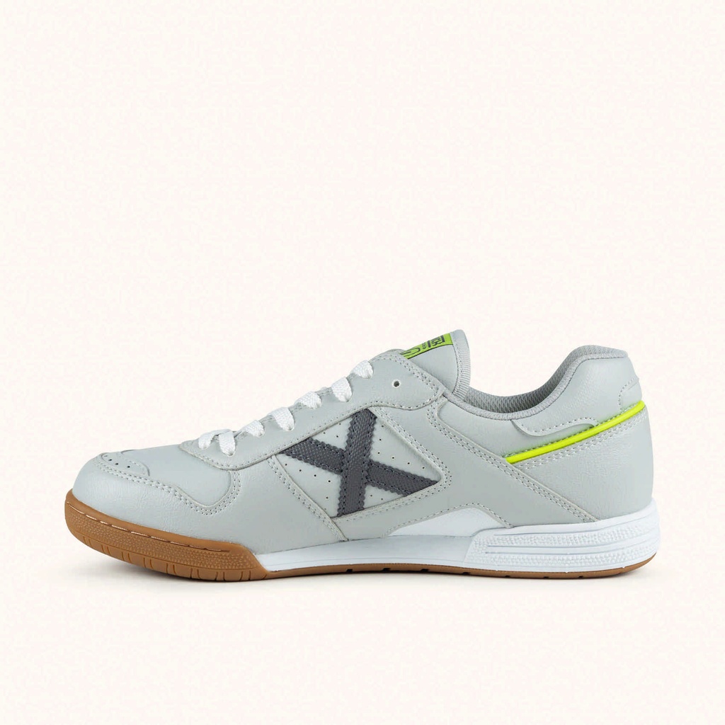 MUNICH CONTINENTAL V2 75 Futsal shoe Grey with Fluor Yellow, White Details and Caramel Gum Sole (4)
