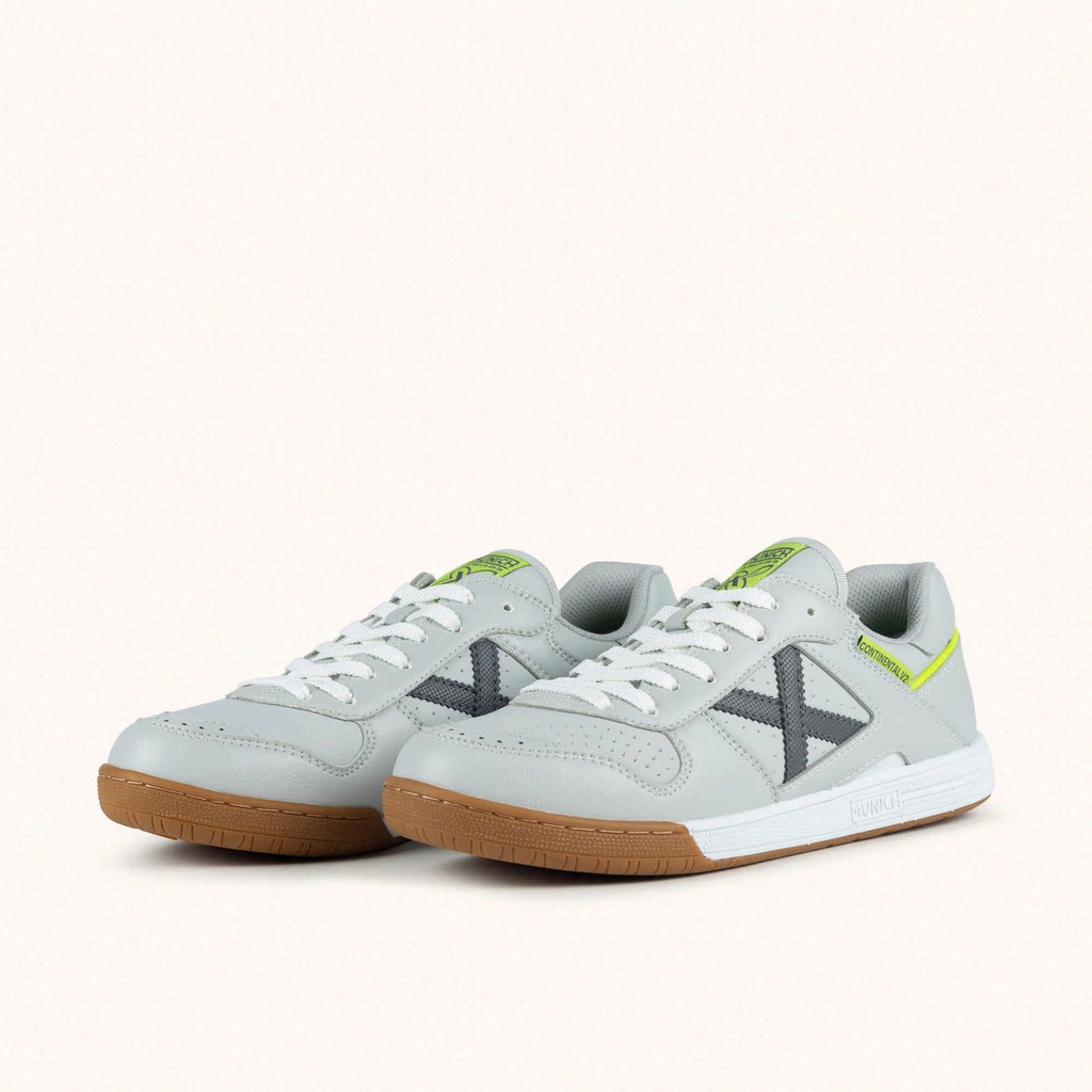 MUNICH CONTINENTAL V2 75 Futsal shoe Grey with Fluor Yellow, White Details and Caramel Gum Sole (6)