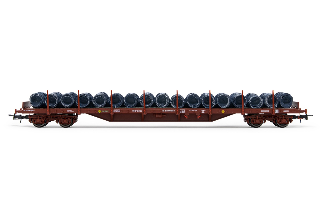 RENFE, vagón plataforma de 4 ejes MMQ, cargado de rollos de alambrón, ép. IV. Ejes para sistema AC: HC6100 (10,27 x 25,20 mm)