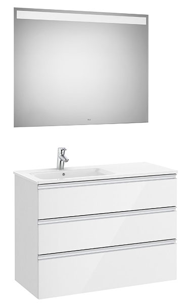 Conjunto Pack The Gap (mueble base c/3 cajones, lavabo izquierda y espejo LED) 1005x460x763 mm, blanco brillo, (A851522806)