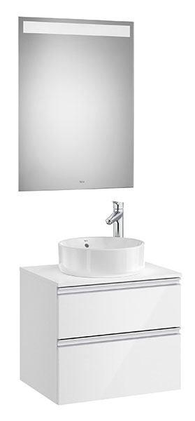 Conjunto Pack The Gap (mueble base 2 caj., espejo LED, p/lav. sobre encim. central) 605x460x537 mm, bl. brillo, (A851531806)