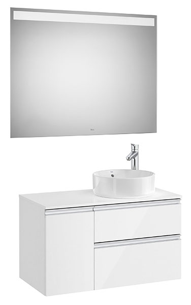 Conjunto Pack The Gap (mueble base 2 caj., espejo LED, p/lav. sobre encim. dcha.) 900x460x537 mm, bl. brillo, (A851533806)