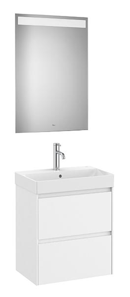 Conjunto Pack Ona (mueble base compacto c/2 cajones, lavabo FINECERAMIC y espejo LED) 550x460x645 mm, blanco mate, (A851699509)