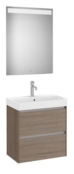 Conjunto Pack Ona (mueble base compacto c/2 cajones, lavabo FINECERAMIC y espejo LED) 600x360x645 mm, olmo oscuro, (A851700511)