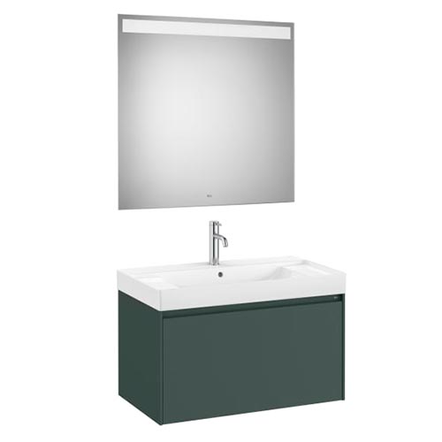 Conjunto Pack Ona (mueble base c/1 cajón, lavabo centrado de FINECERAMIC y espejo LED) 800x460x505 mm, verde mate, (A851701513)