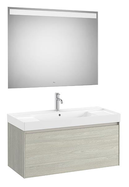 Conjunto Pack Ona (mueble base c/1 cajón, lavabo de FINECERAMIC y espejo LED) 1000x460x505 mm, roble claro, (A851702512)
