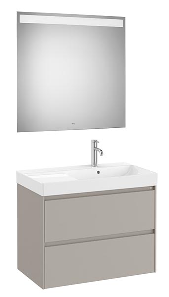 Conjunto Pack Ona (mueble base c/2 cajones, lavabo de FINECERAMIC dcha. y espejo LED) 800x460x645 mm, gris mate, (A851706510)