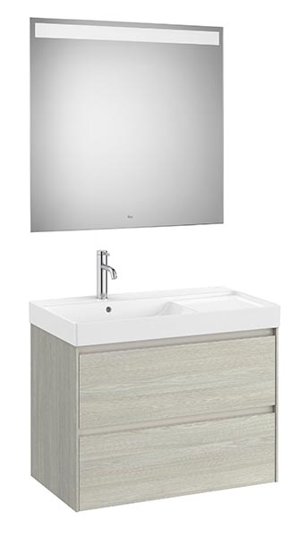 Conjunto Pack Ona (mueble base c/2 cajones, lavabo de FINECERAMIC izq. y espejo LED) 800x460x645 mm, roble claro, (A851708512)