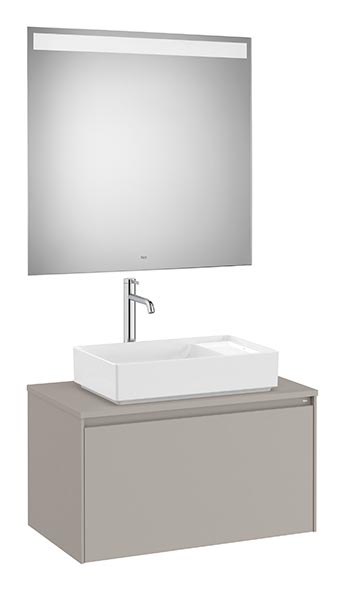Conjunto Pack Ona (mueble base c/1 cajón, lavabo FINECERAMIC sobreenc., espejo LED) 794x457x443 mm, gris mate, (A851712510)