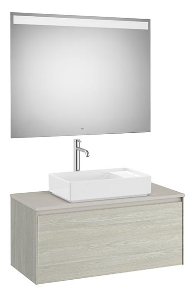 Conjunto Pack Ona (mueble base c/1 cajón, lavabo FINECERAMIC sobreenc., espejo LED) 994x457x443 mm, roble claro, (A851714512)