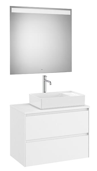 Conjunto Pack Ona (mueble base c/2 caj., lav. FINECERAMIC sobreenc. dcha., espejo LED) 794x457x583 mm, blanco mate, (A851715509)
