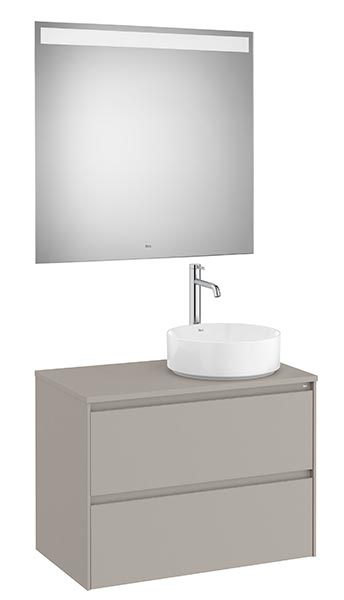 Conjunto Pack Ona (mueble base c/2 caj., lav. FINECERAMIC sobreenc. dcha., espejo LED) 794x457x583 mm, gris mate, (A851715510)