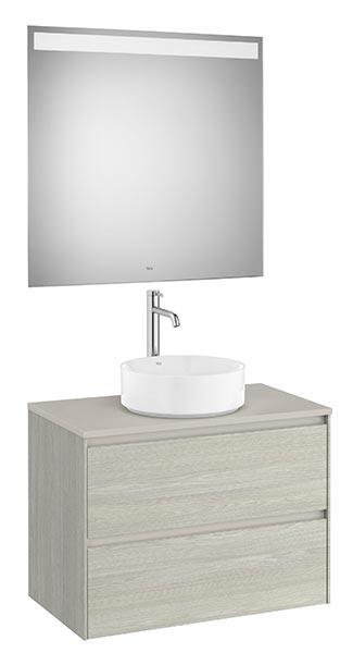 Conjunto Pack Ona (mueble base c/2 caj., lav. FINECERAMIC sobreenc. cent., espejo LED) 794x457x583 mm, roble claro, (A851716512)