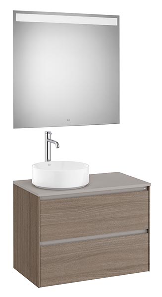 Conjunto Pack Ona (mueble base c/2 caj., lav. FINECERAMIC sobreenc. izq., espejo LED) 794x457x583 mm, olmo oscuro, (A851717511)