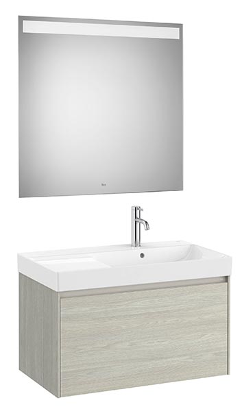 Conjunto Pack Ona (mueble base c/1 cajón, lavabo a la derecha y espejo LED) 800x460x505 mm, roble claro, (A851721512)
