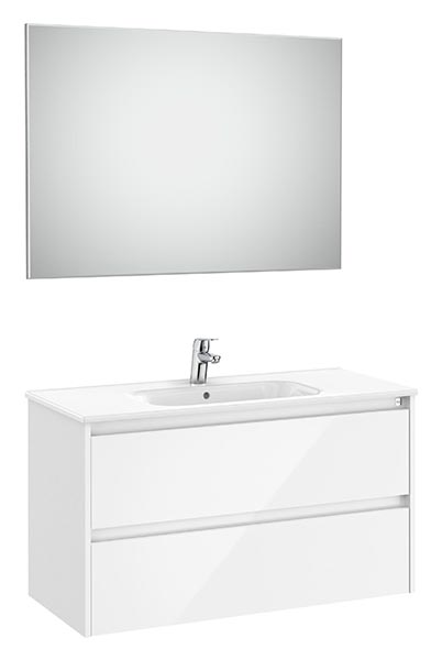 Conjunto Pack Tenet (mueble base c/2 cajones, lavabo, espejo y aplique LED) 985x460x565 mm, blanco brillo, (A851788806)