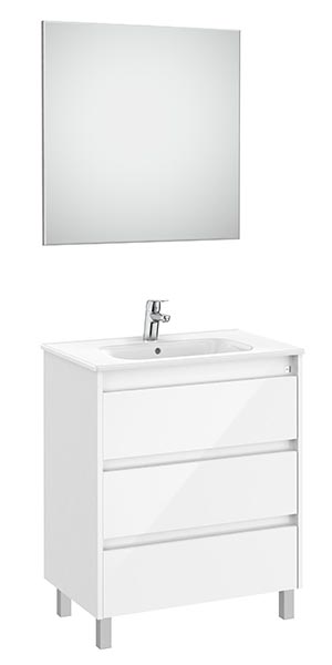Conjunto Pack Tenet (mueble base c/3 cajones, lavabo, espejo y aplique LED) 685x460x740 mm, blanco brillo, (A851790806)