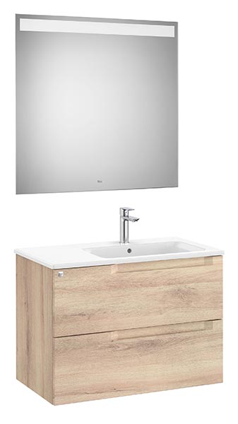 Conjunto Aleyda Pack (mueble base c/2 cajones, lavabo a la derecha y espejo LED) 805x460x565 mm, beige madera, (A851835524)