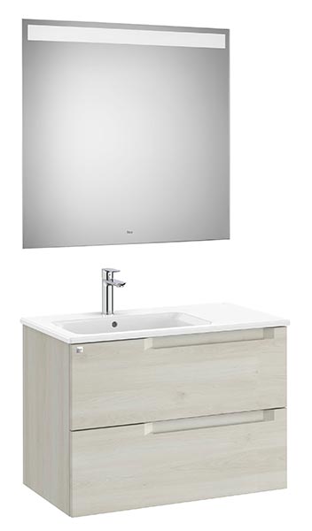 Conjunto Aleyda Pack (mueble base c/2 cajones, lavabo a la izquierda y espejo LED) 805x460x565 mm, blanco madera, (A851837525)