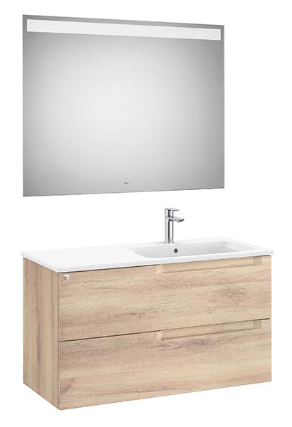 Conjunto Aleyda Pack (mueble base c/2 cajones, lavabo a la derecha y espejo LED) 1005x460x565 mm, beige madera, (A851838524)