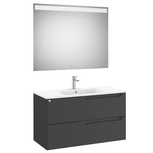 Conjunto Aleyda Pack (mueble base c/2 cajones, lavabo centrado y espejo LED) 1005x460x565 mm, negro mate, (A851839523)