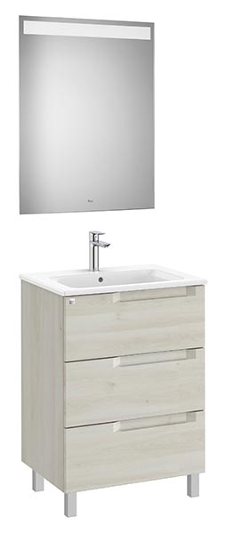 Conjunto Aleyda Pack (mueble base c/3 cajones, lavabo y espejo LED) 605x460x740 mm, blanco madera, (A851841525)