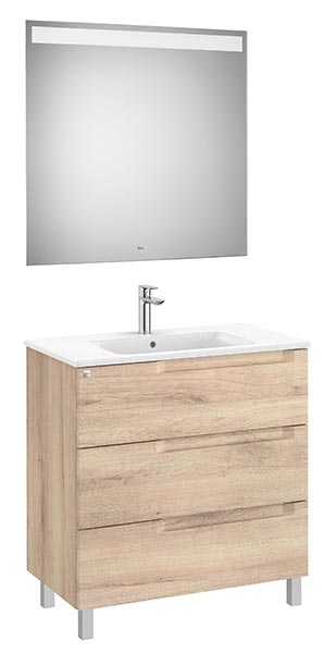 Conjunto Aleyda Pack (mueble base c/3 cajones, lavabo centrado y espejo LED) 805x460x740 mm, beige madera, (A851844524)
