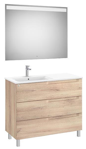 Conjunto Aleyda Pack (mueble base c/3 cajones, lavabo a la izquierda y espejo LED) 1005x460x740 mm, beige madera, (A851848524)