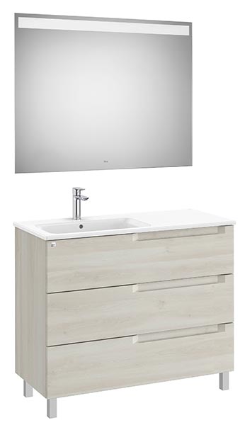 Conjunto Aleyda Pack (mueble base c/3 cajones, lavabo a la izquierda y espejo LED) 1005x460x740 mm, blanco madera, (A851848525)