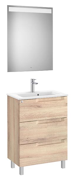 Conjunto Aleyda Pack (mueble base compacto c/3 cajones, lavabo y espejo LED) 605x380x740 mm, beige madera, (A851885524)
