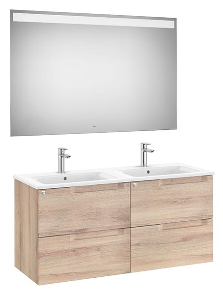 Conjunto Aleyda Pack (mueble base c/4 cajones, lavabo doble y espejo LED) 1200x460x565 mm, beige madera, (A851889524)