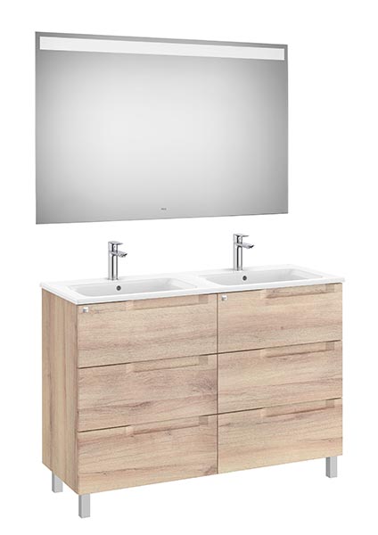 Conjunto Aleyda Pack (mueble base c/6 cajones, lavabo doble y espejo LED) 1200x460x740 mm, beige madera, (A851890524)