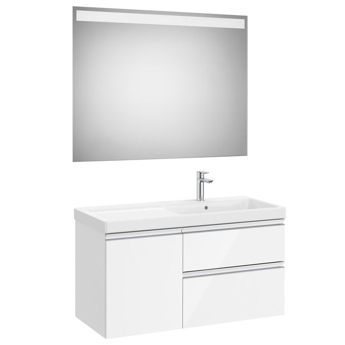 Conj. Pack The Gap (mueble base c/2 caj., 1 puerta, lavabo plus der. y espejo LED) 1000x460x575 mm, blanco brillo, (A851980806)