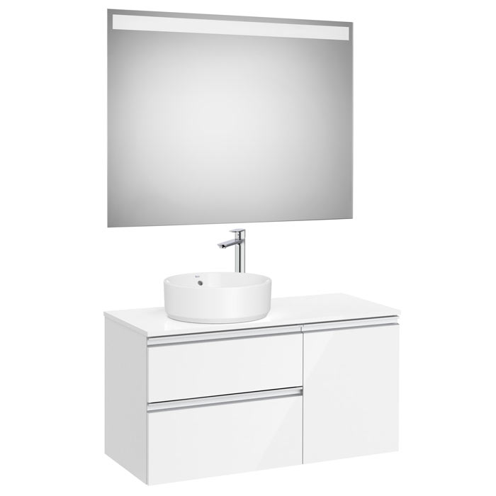 Conj. Pack The Gap (mueble base c/2 caj., 1 puerta, izq. y espejo LED) 1000x460x537 mm, blanco brillo, (A852000806)