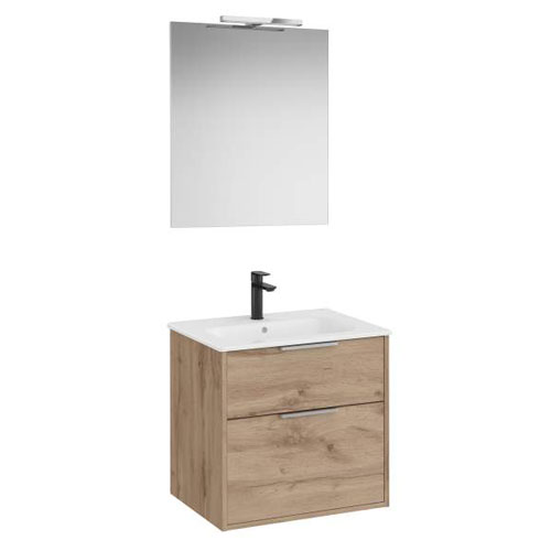 Conjunto Pack Optica (mueble base compacto c/2 cajones, lavabo, espejo y aplique Starlight) 590x455x565 mm, nogal, (A852459517)
